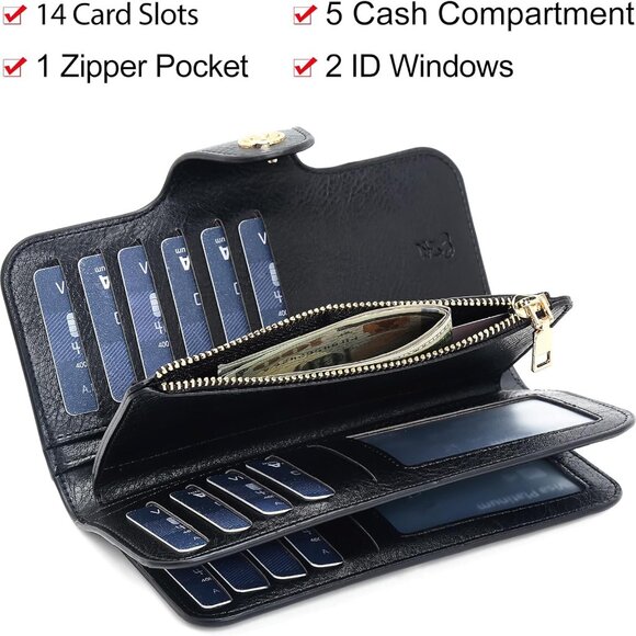 Black women's RFID blocking PU leather trifold wallet with ID window and multipl - Picture 4 of 8